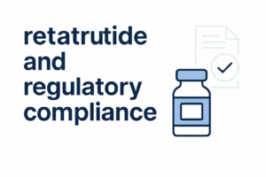 Modern digital banner featuring “Retatrutide MHRA Compliance Update” with white and light blue tones, lab visuals, and the Bluewell Peptides logo representing research compliance and product safety.