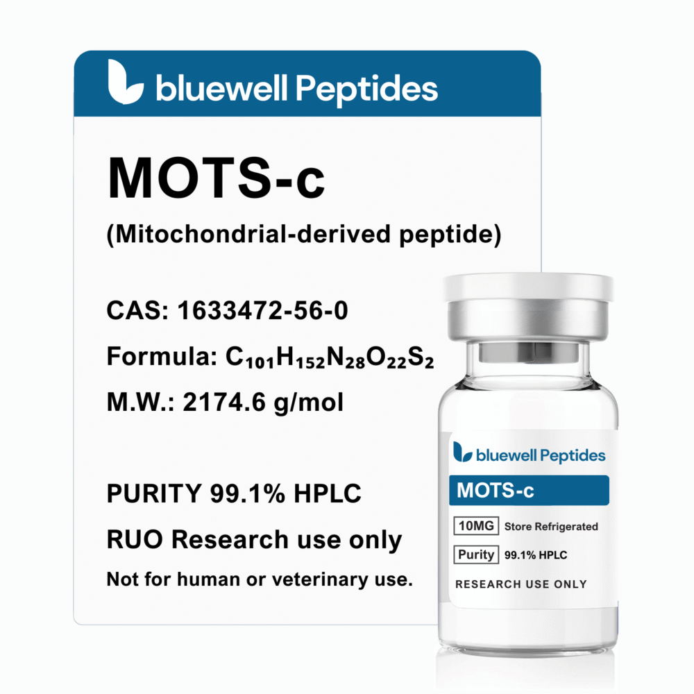 MOTS-c 10mg peptide vial by Bluewell Peptides. High-purity (99.1% HPLC) mitochondrial research peptide with formula C101H152N28O22S2 and molecular weight 2174.6 g/mol. Used in studies on metabolism, energy regulation, and mitochondrial function.