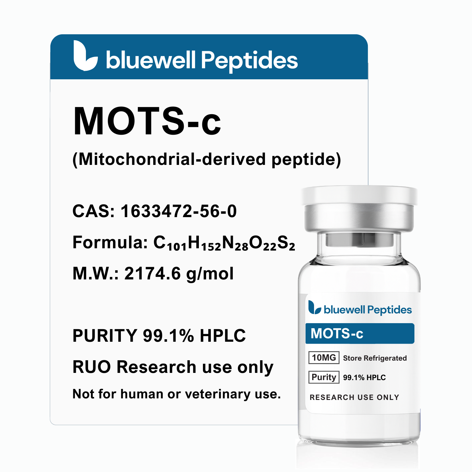 MOTS-c 10mg peptide vial by Bluewell Peptides. High-purity (99.1% HPLC) mitochondrial research peptide with formula C101H152N28O22S2 and molecular weight 2174.6 g/mol. Used in studies on metabolism, energy regulation, and mitochondrial function.