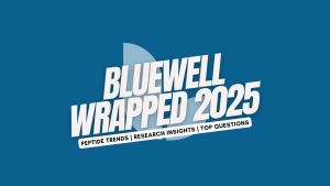Bluewell Peptides Wrapped 2025 graphic highlighting key peptide research trends and insights