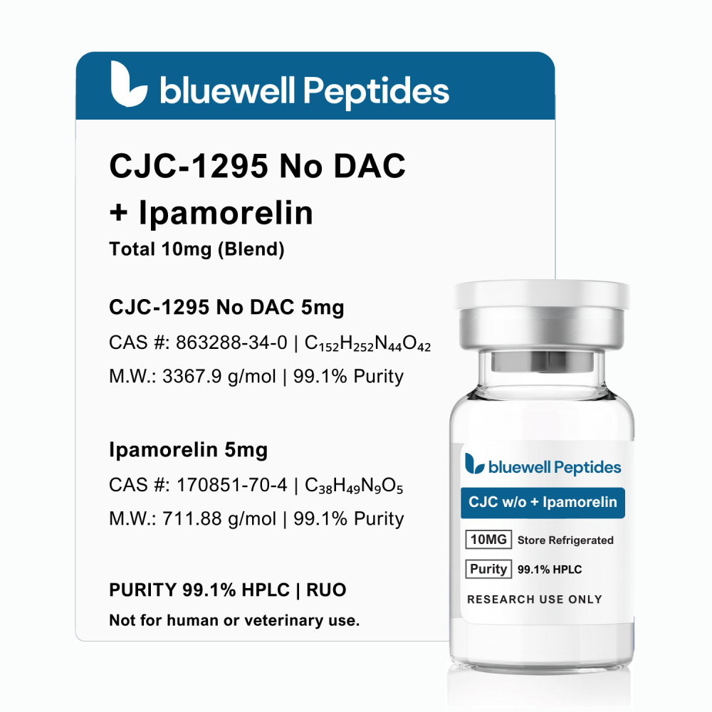 CJC-1295 No DAC + Ipamorelin 10mg Blend lyophilised high purity research peptide vial by Bluewell Peptides