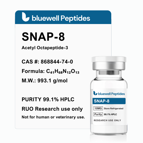 Snap-8 Acetyl Octapeptide-3 10mg research peptide vial with purity and molecular information