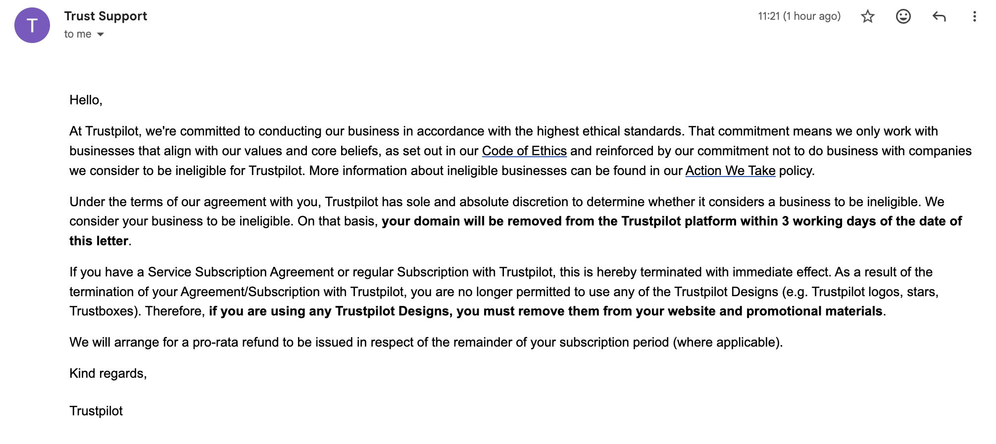 Trustpilot notice email dated 7 April 2026